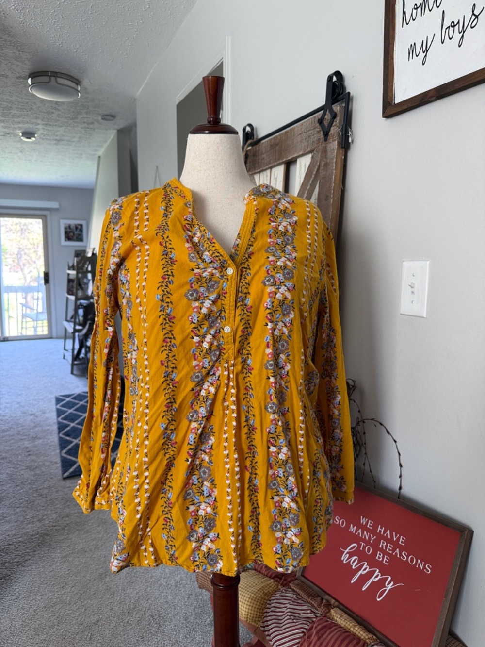Old Navy Mustard Yellow Floral Stripe Button-Front Blouse